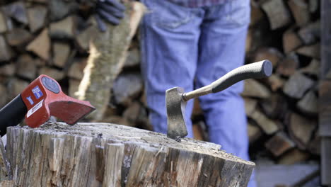 man walks behind hatchets on a stump to set logs on a stack