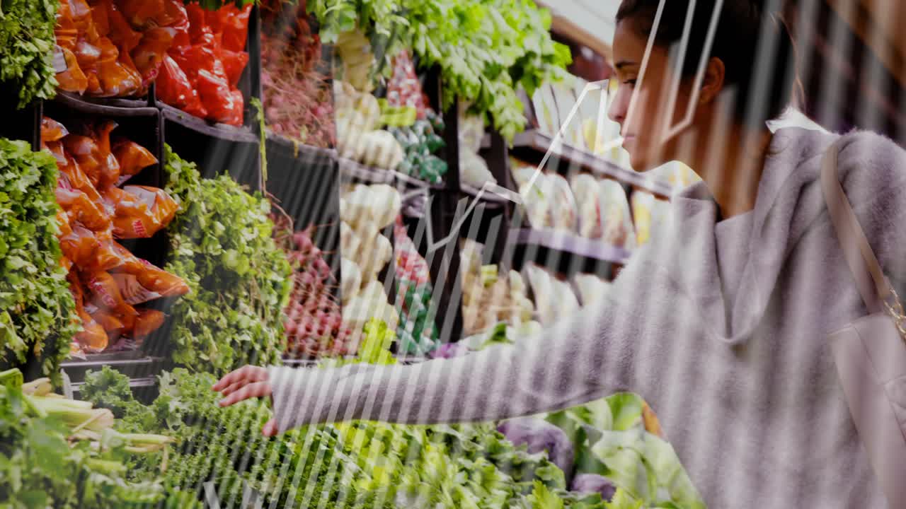 Woman spotting leafy greens, reaching and inspecting in grocery, diagonal stripes overlaying frame