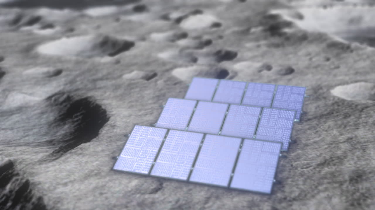 Close look at solar panels on lunar surface with bright sunlight being absorbed and turned into electricity for future moon colonies. Futuristic renewable energy. 3D animation,