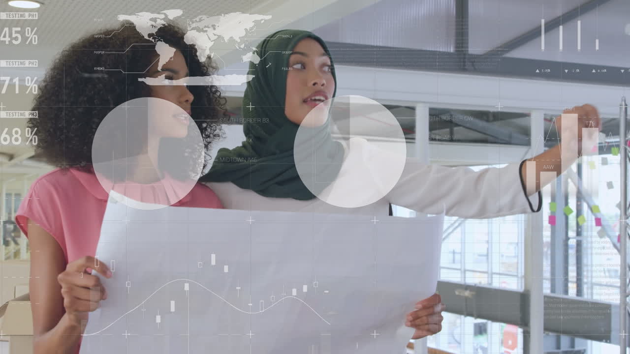 사무실에서 다양한 여성 노동자에 대한 다양한 데이터와 그래프의 애니메이션