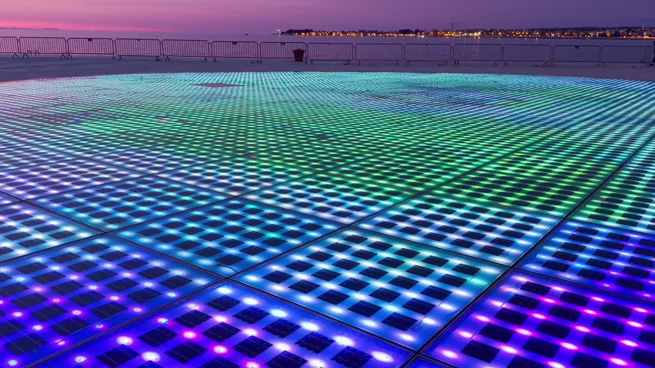 Scena serale a Zara dopo il tramonto con luce colorata all'orizzonte e l'installazione Saluto al Sole che si illumina e cambia, con una figura scura in lontananza nell'atmosfera calma