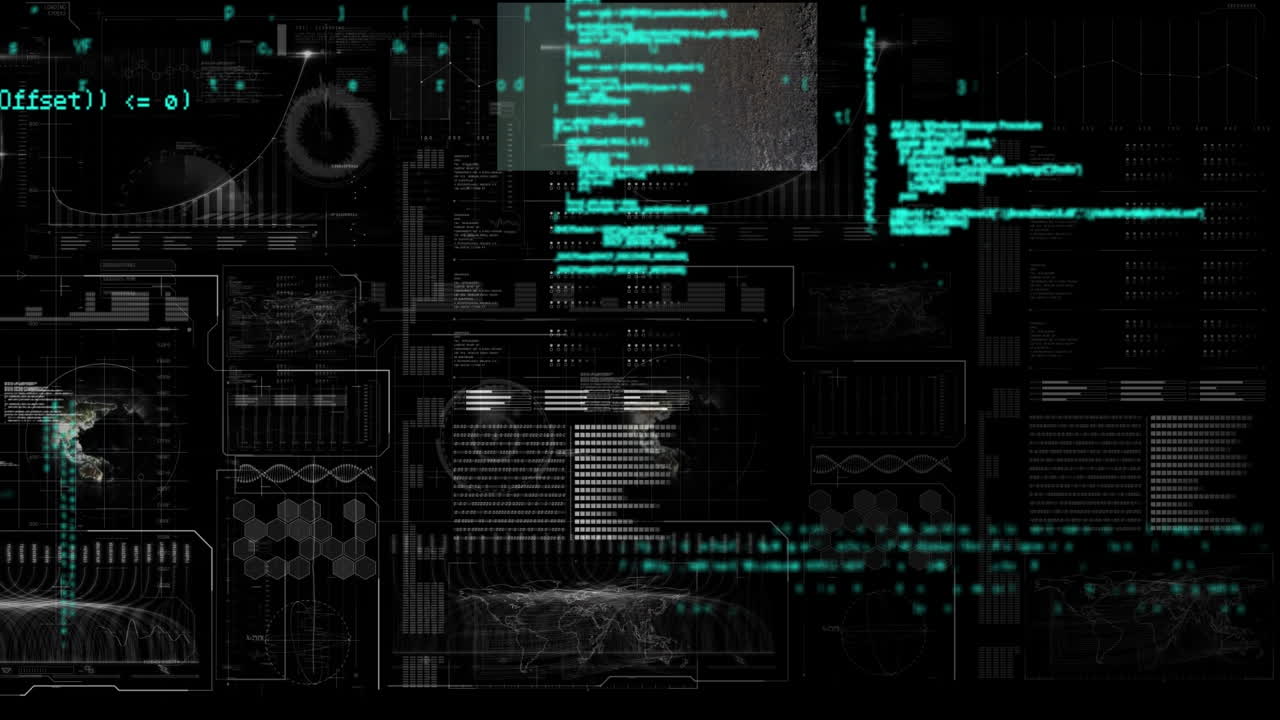 Animation of interface with scanner, world map and blue processing data