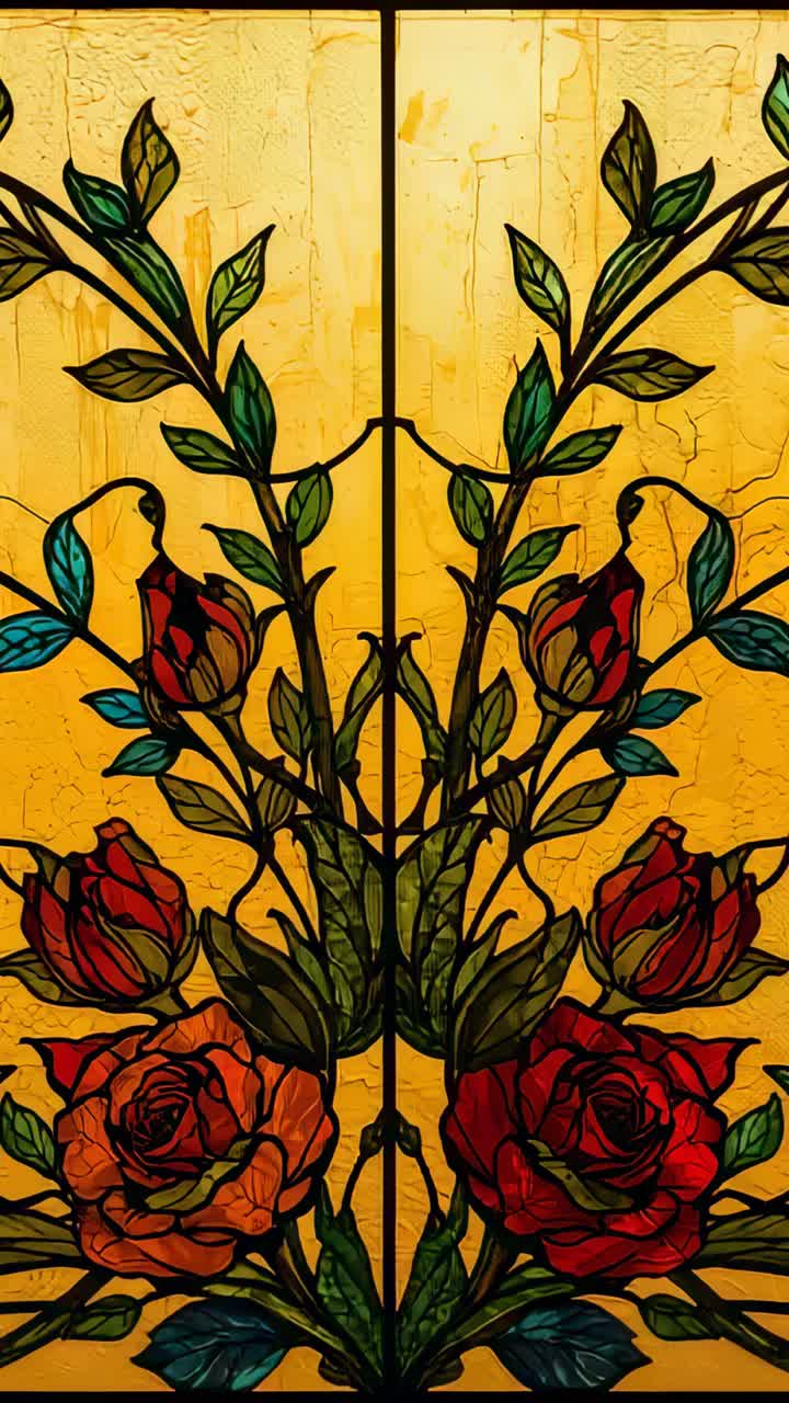 Vertical video: Camera shifting upward revealing teal accents, roses on stained-glass panel indoors