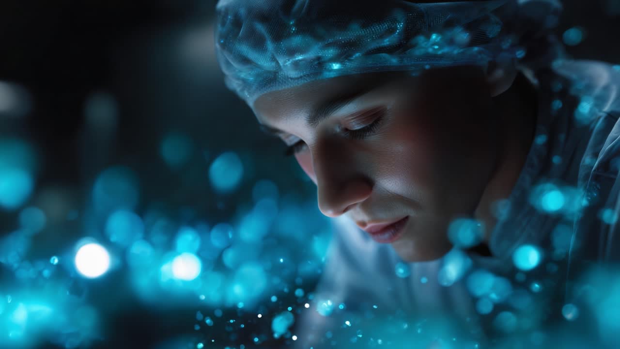 Primo piano di uno scienziato concentrato che analizza i dati immerso nel magico bagliore di particelle di luce blu in un ambiente di laboratorio, catturando l'essenza dell'innovazione