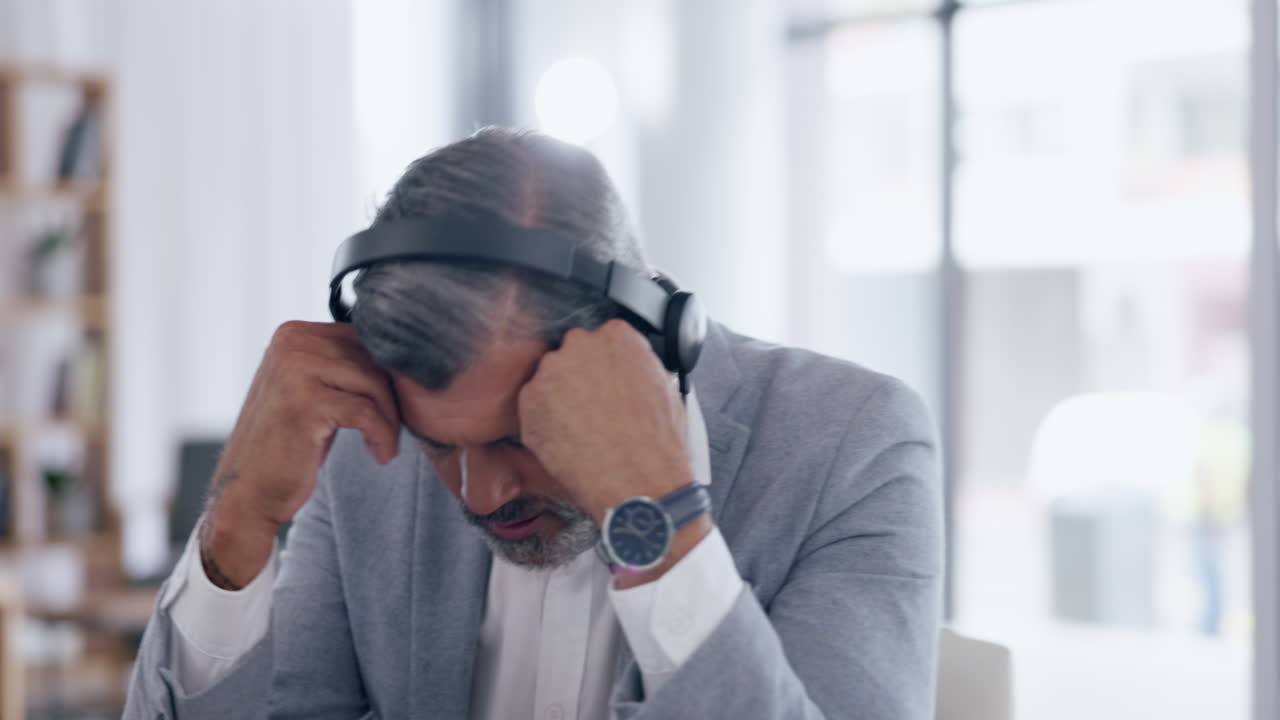Frustrated, man and working in a call center