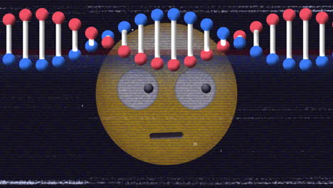 estructura de adn girando y efecto estático de la televisión sobre emoji de cara confundida en fondo negro