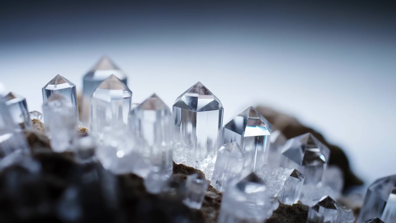 Karanlık bir stüdyo ortamında pürüzlü ana kaya üzerinde duran şeffaf kuvars kristal kümesinin makro görünümü; cilalı uçları, ince yansımaları ve doğal mineral detaylarını ortaya çıkaran soğuk yönlü ışıkla.