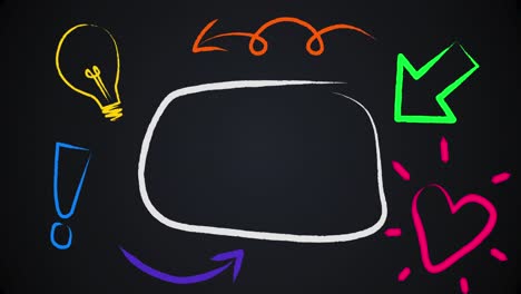 animation of whtie outlined speech bubble with green arrow and colourful icons on black background