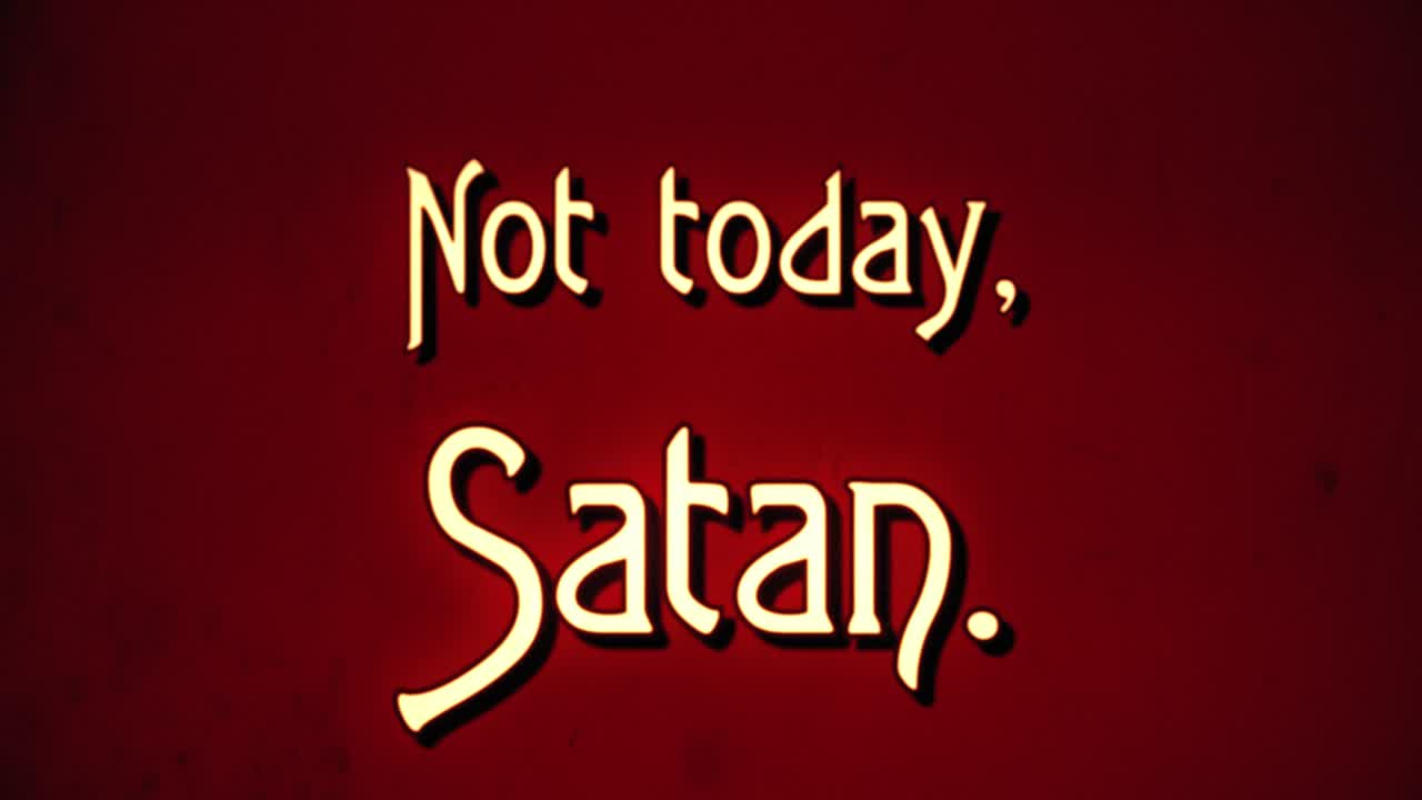 un mensaje de texto, fuente retro de lujo, estilo de película dañado de los años 70, que aparece con una animación de ampliación de letras: no hoy, satanás