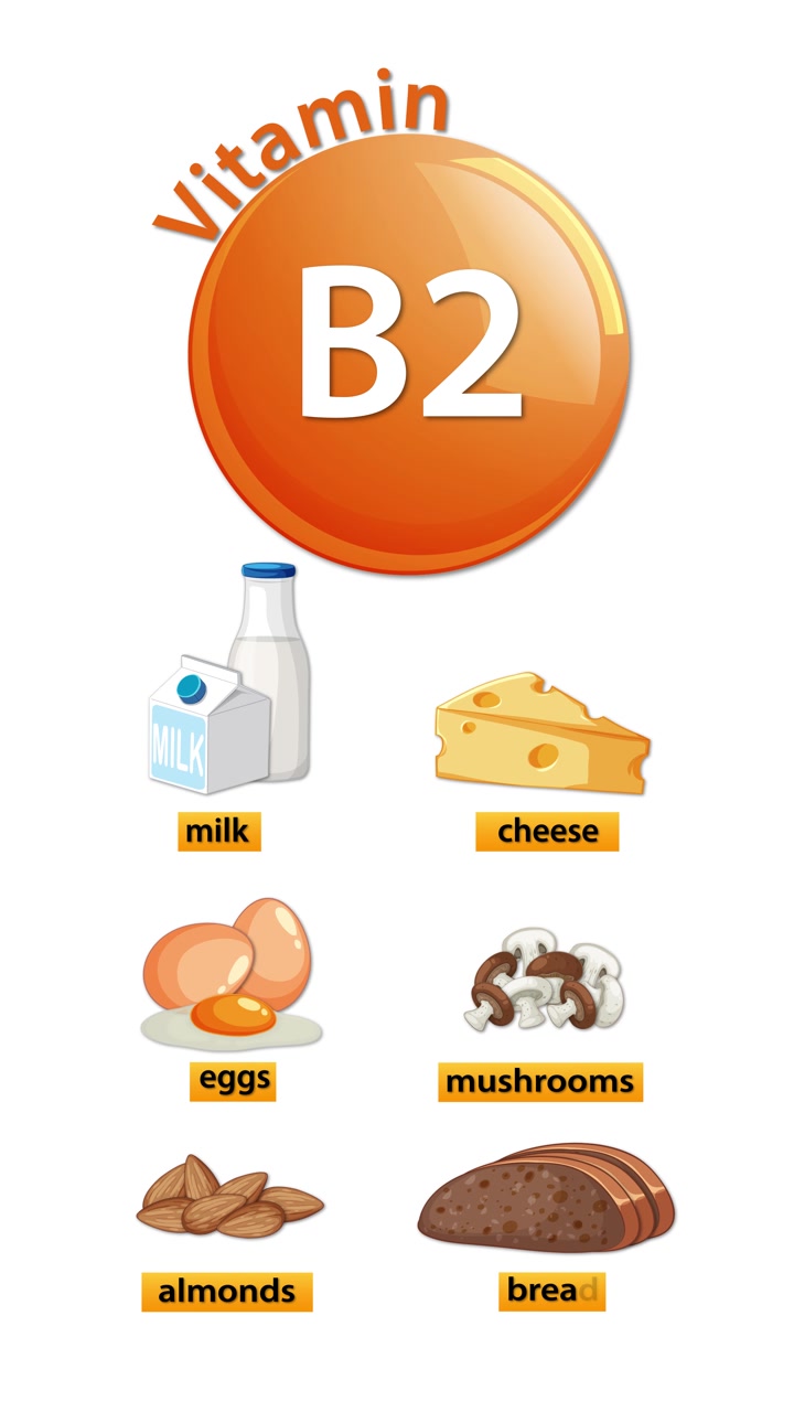 Vitamin B2 icon appears, then food sources animate in: milk, cheese, eggs, mushrooms, almonds, bread