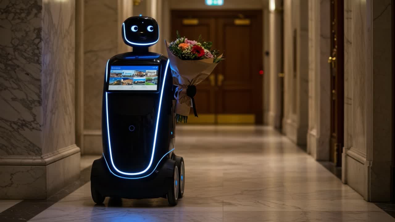 A Smart Delivery Robot with a Floral Bouquet Stands in a Luxurious Hotel Hallway, Showcasing the Intersection of Technology and Hospitality