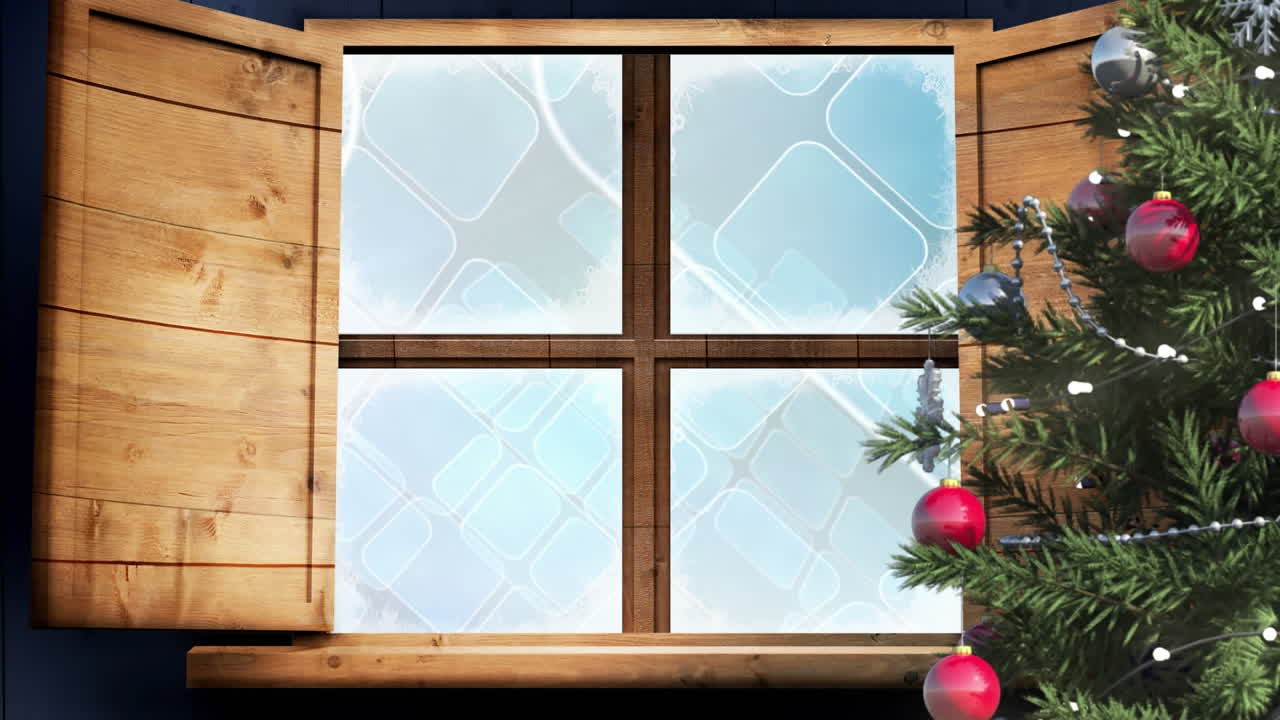 Christmas tree and wooden window frame against multiple blue square shapes on blue background