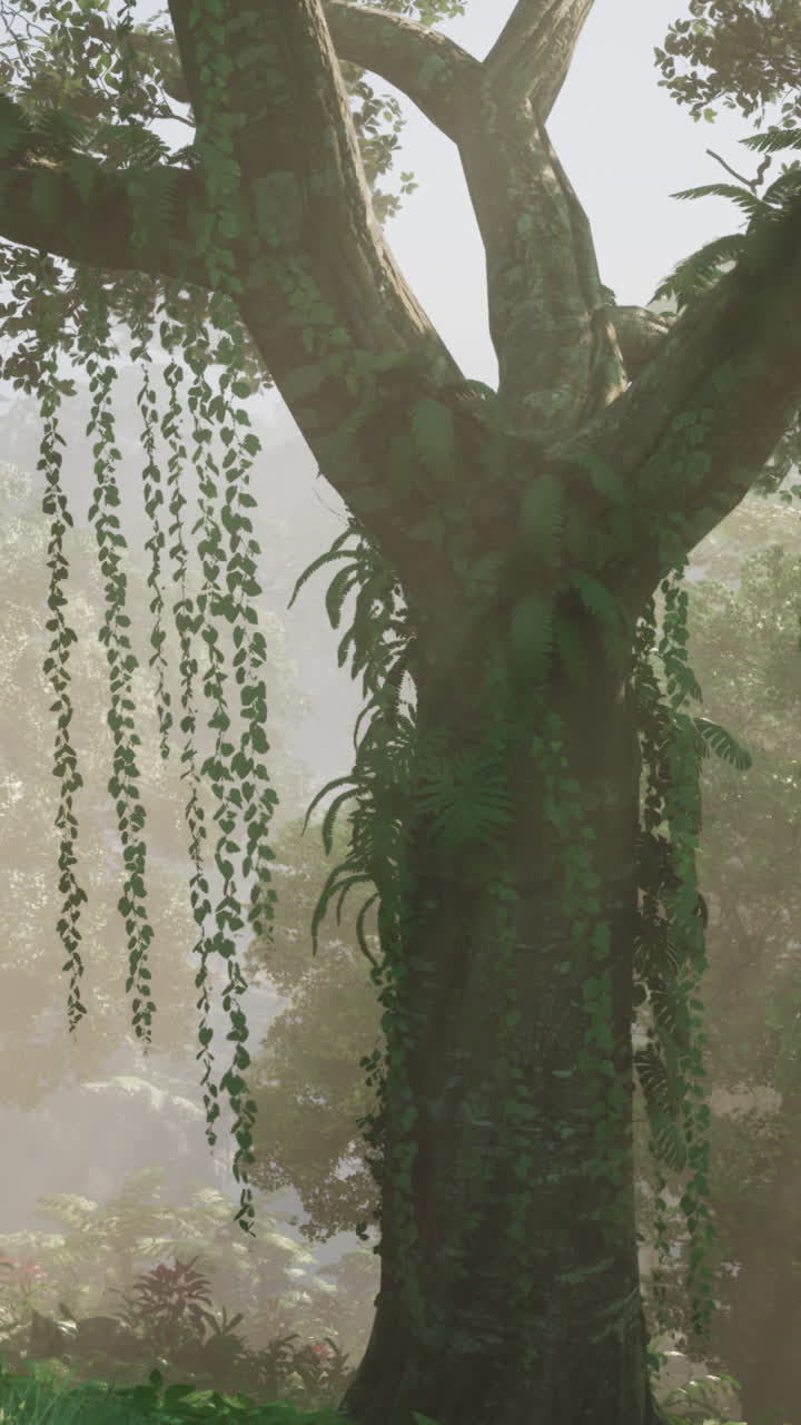 una exuberante selva tropical con un árbol iluminado por el sol