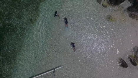 isla gili kedis, lombok occidental, indonesia, amigos aéreos de arriba hacia abajo buceando nadando con aleta y máscara en el paraíso tropical de aguas cristalinas del océano coralino