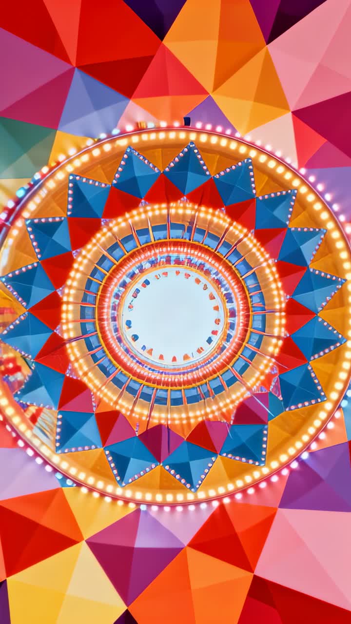 Video verticale: Motore che si avvia, baldacchino illuminato che ruota alla fiera per uno spettacolo, mostrando anelli e lampadine.