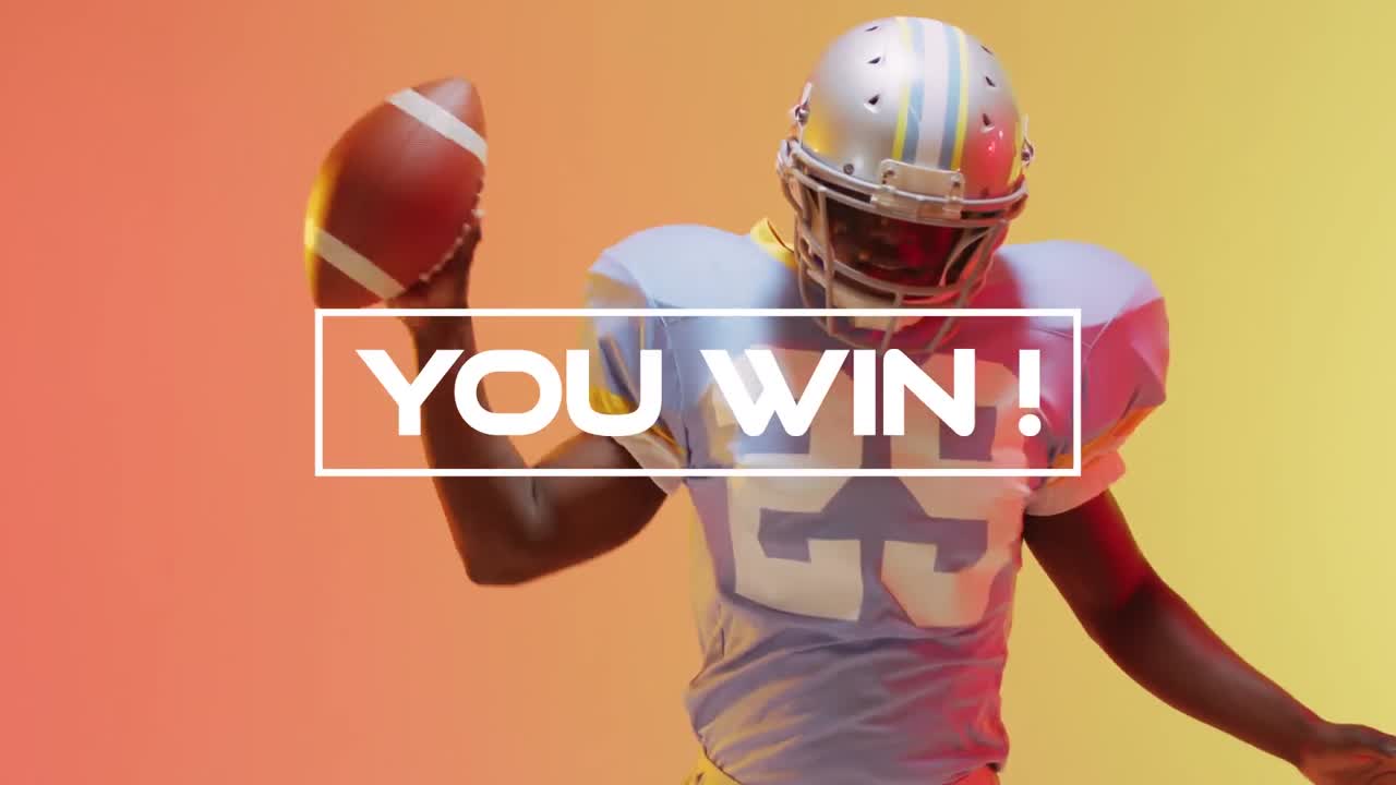 Animazione del testo 'hai vinto' e forme al neon su un giocatore di football americano su sfondo al neon