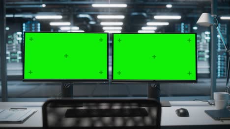 high-tech data center server with two green screen chroma key display showing on personal computer standing on a desk. concept of modern monitoring web services, cloud computing, cyber security