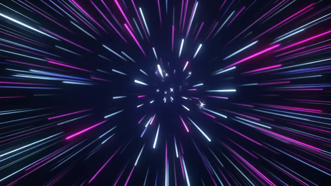 Volando attraverso scie astratte di luce al neon e stelle scintillanti