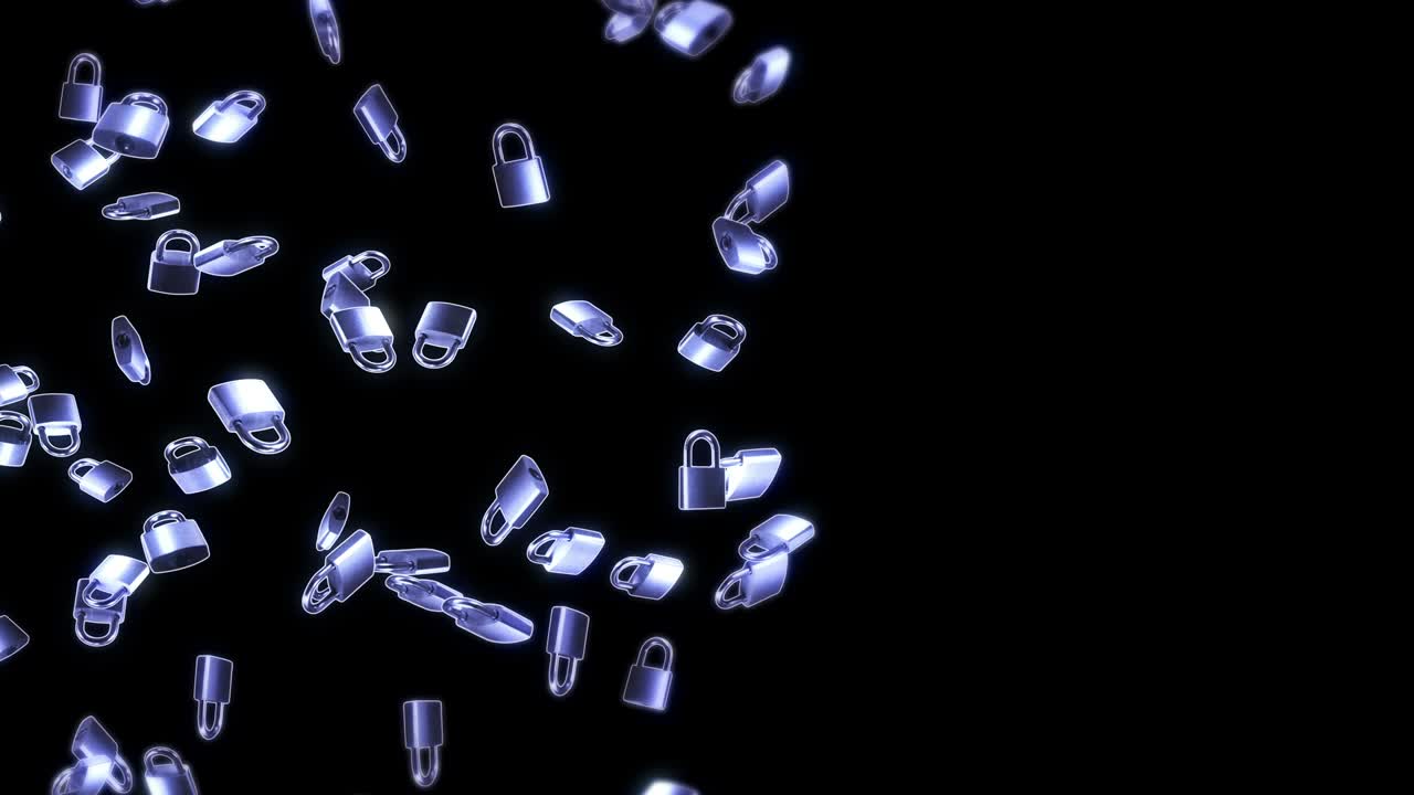 검은색 배경에 많은 은색 패들록을 날리는 보안 또는 비밀 보호 개념, 회전하는 패들록의 3d 애니메이션, 루프 애니메이션.