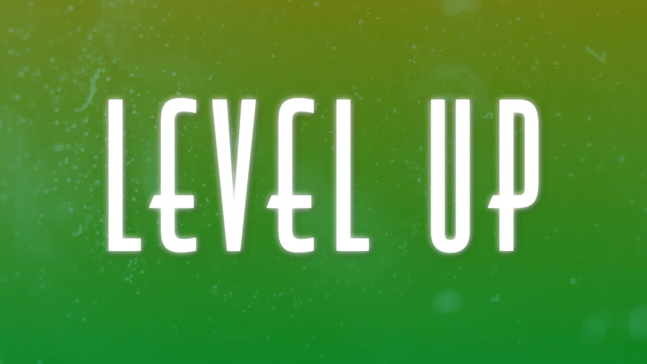 Level up text animation over green and yellow gradient background