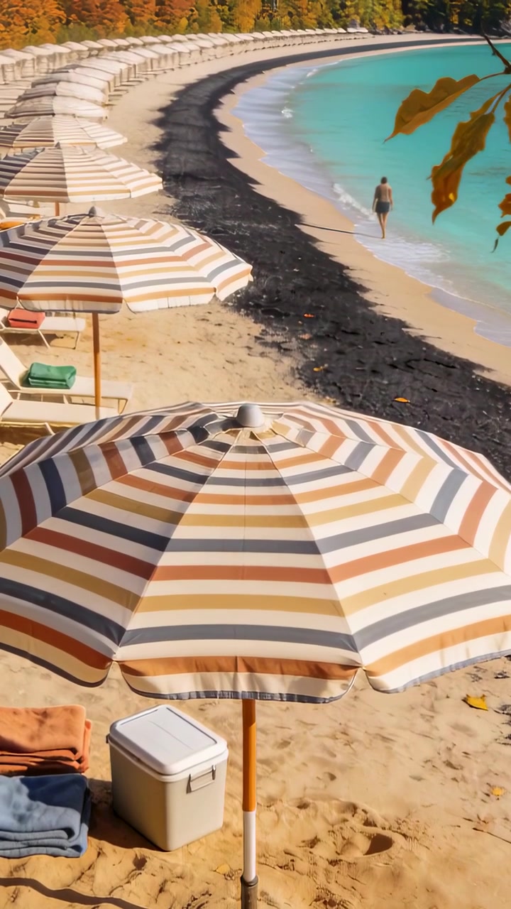 Video verticale: La telecamera inquadra un ombrellone a strisce in una baia di un resort, un uomo che cammina in costume da bagno e una borsa frigo.