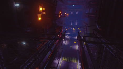 neon lights illuminate an industrial corridor at nighttime
