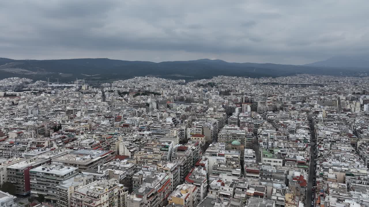 Thessaloniki's dense apartment complexes showcasing city layout, aerial view