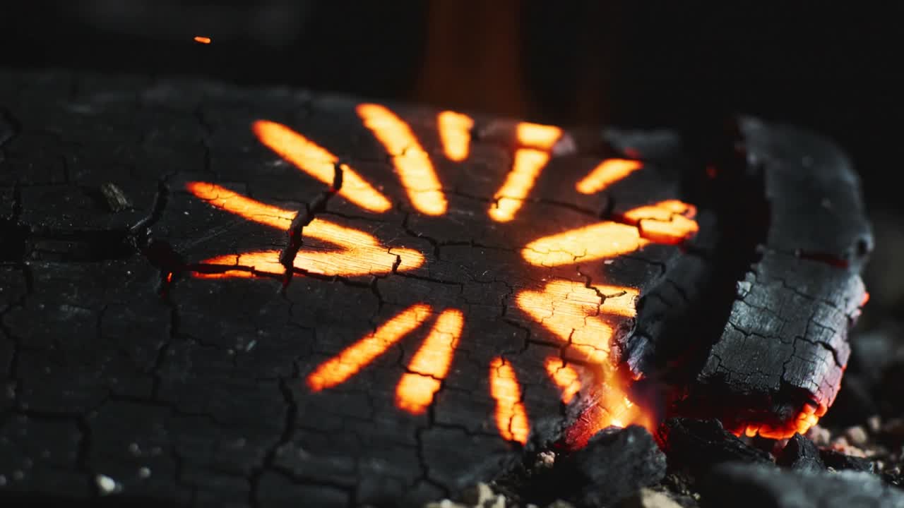 Un tronco carbonizzato che scoppietta produce braci crescenti e fiamme in primo piano, con l'ossigeno che entra in contatto con le fessure.