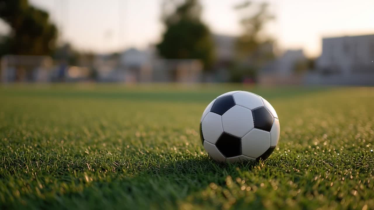 Fodbold hviler på grøn græsplæne i den gyldne time