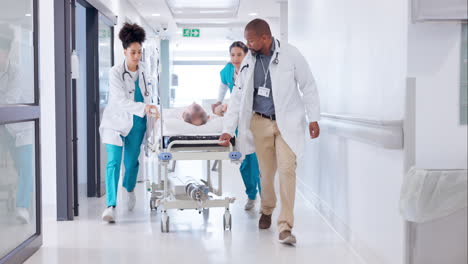 people, doctor and running with patient on bed