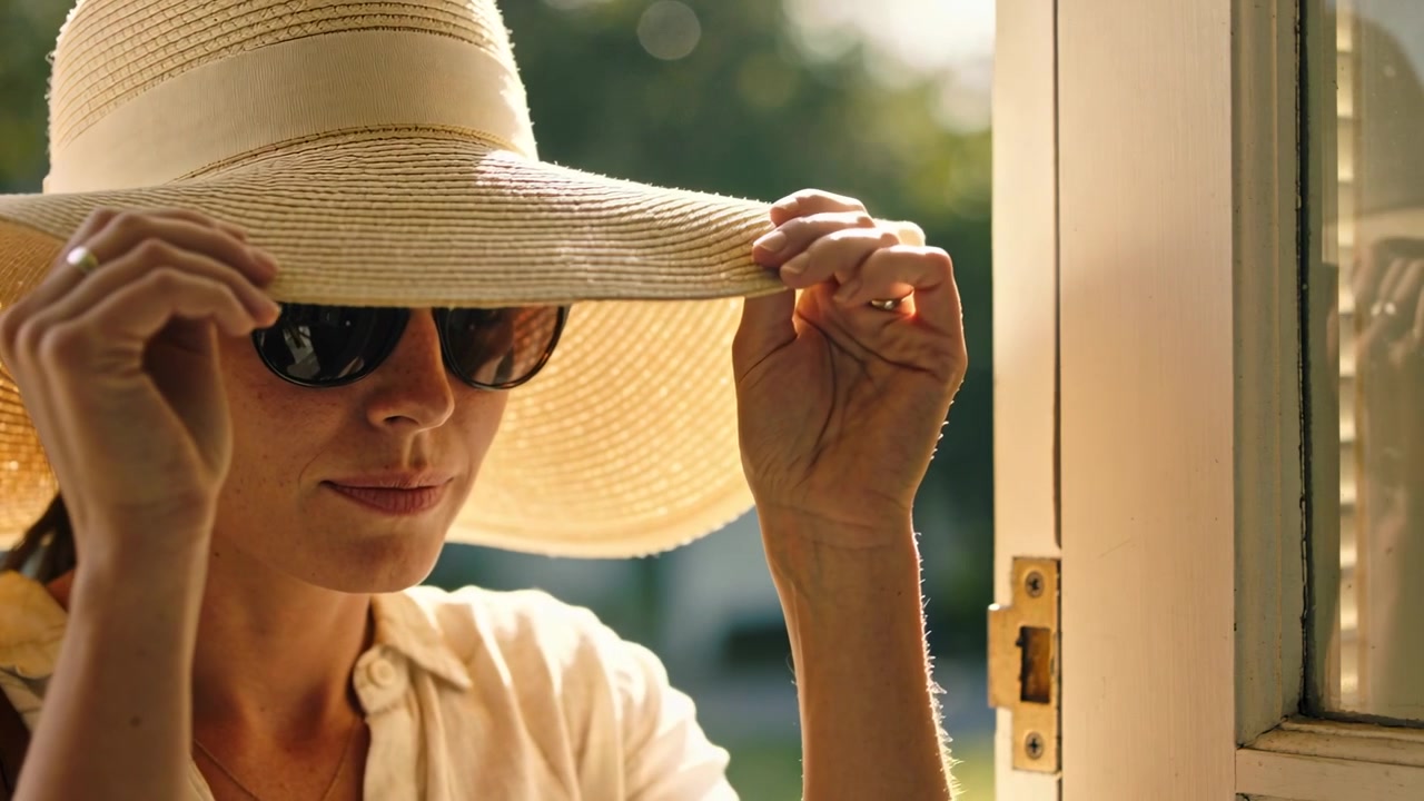 Lowering straw hat woman sliding sunglasses, stepping in as sun pours through door blocking glare