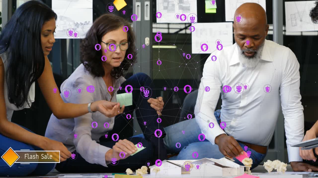 Animation of connected icons and globe over diverse coworkers with sticking notes on building model