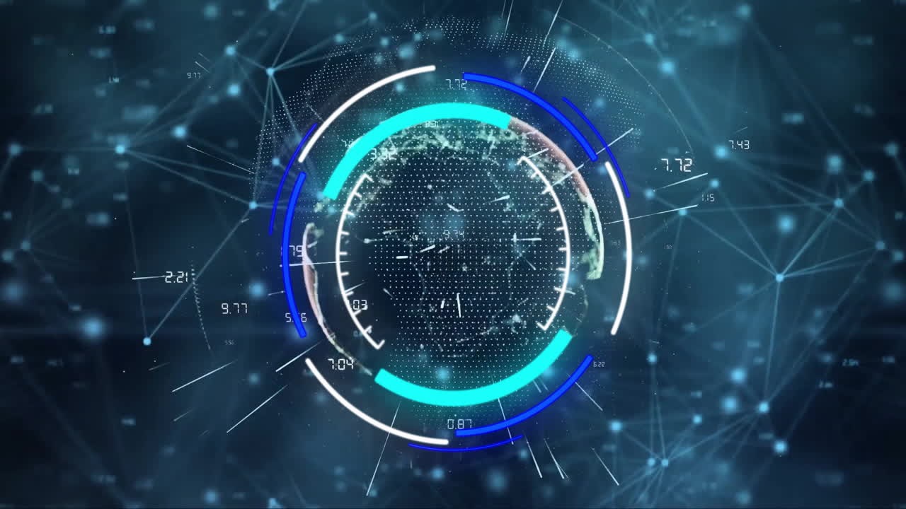 Digital globe with data points and circular progress bars, futuristic technology animation