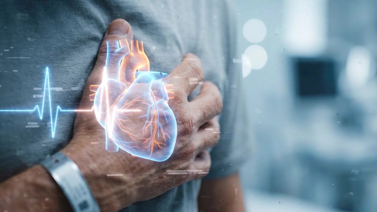 Paciente con visualización holográfica digital del corazón y monitor de EKG