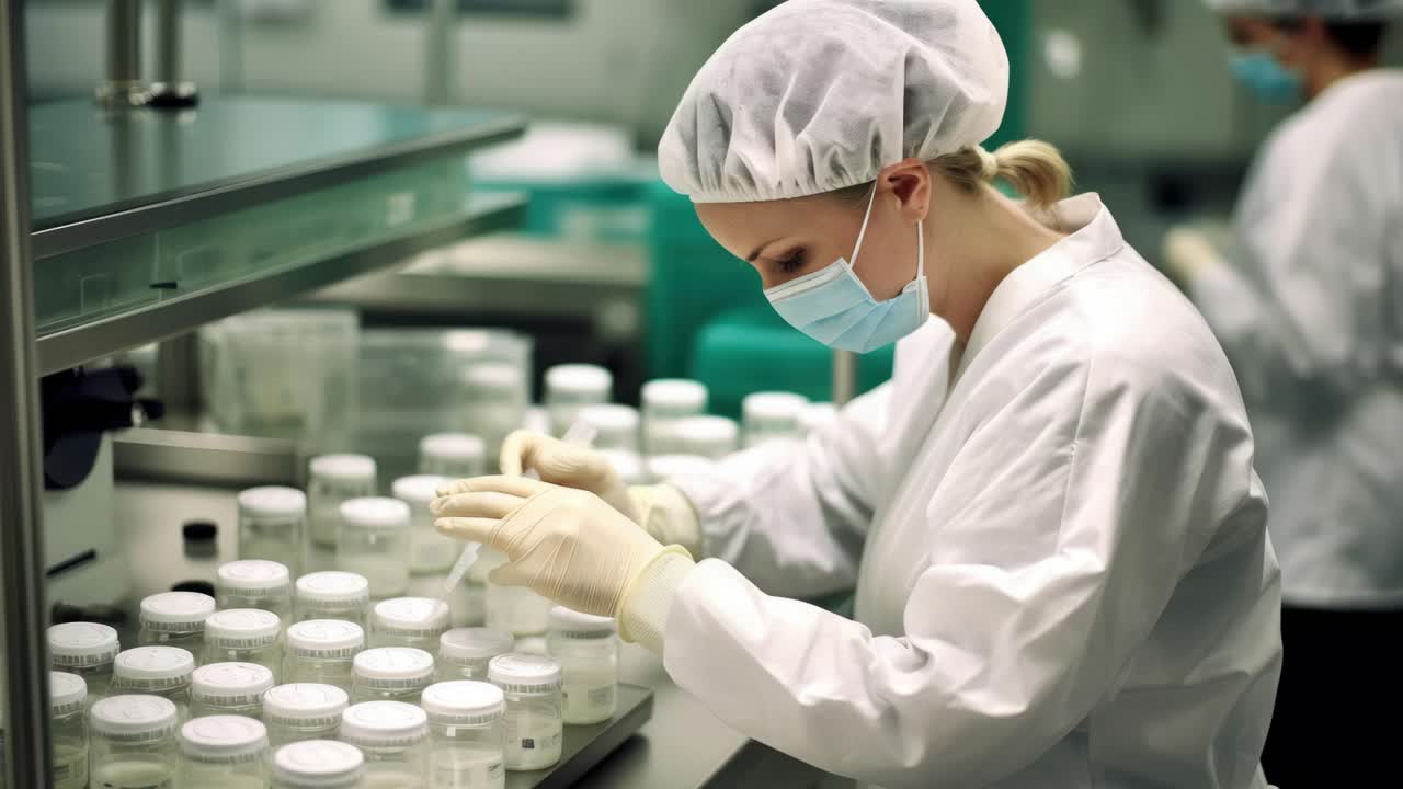 A laboratory technician in protective gear examines samples. Side angle captures a clinical setting