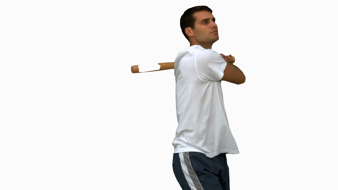 Handsome man playing baseball on white screen