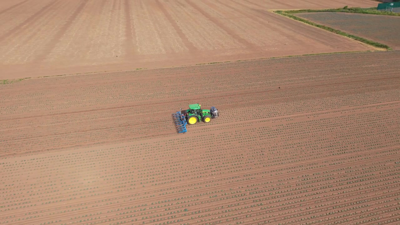 Vista aerea di un trattore che ara un campo al tramonto. Il mezzo è al lavoro su un terreno agricolo, lasciando scie di polvere e disegni nel suolo arato, per la preparazione del terreno e la coltivazione delle colture in una fattoria nel Regno Unito.