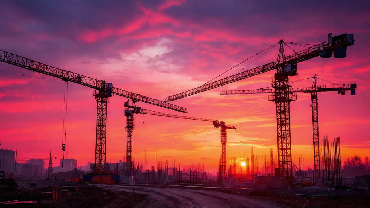 A Breathtaking Sunset Over a Construction Site with Tower Cranes Silhouetted Against Colorful Skies, Capturing the Beauty of Industrial Development and Nature's Palette