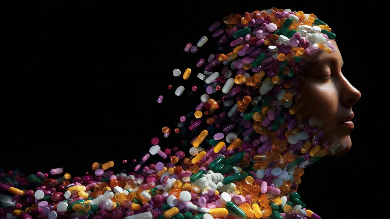 A mesmerizing visual representation of human form interspersed with a vibrant array of colorful pills, illustrating the complex relationship between health, beauty, and the overwhelming presence of medication in modern life