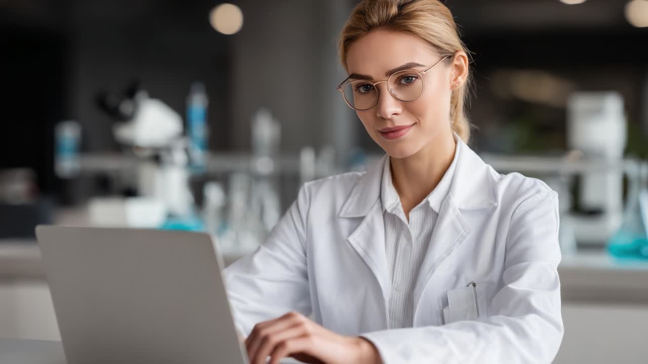 A focused female scientist in a lab coat working on a laptop, showcasing dedication and professionalism within a modern laboratory environment