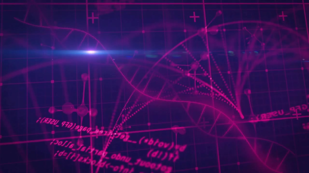 Magenta curve sweeping DNA helix, nodes fading, drifting particles, pulsing flares visualizing data
