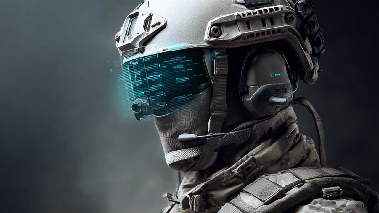 Soldato militare avanzato con equipaggiamento high-tech durante un'esercitazione di addestramento