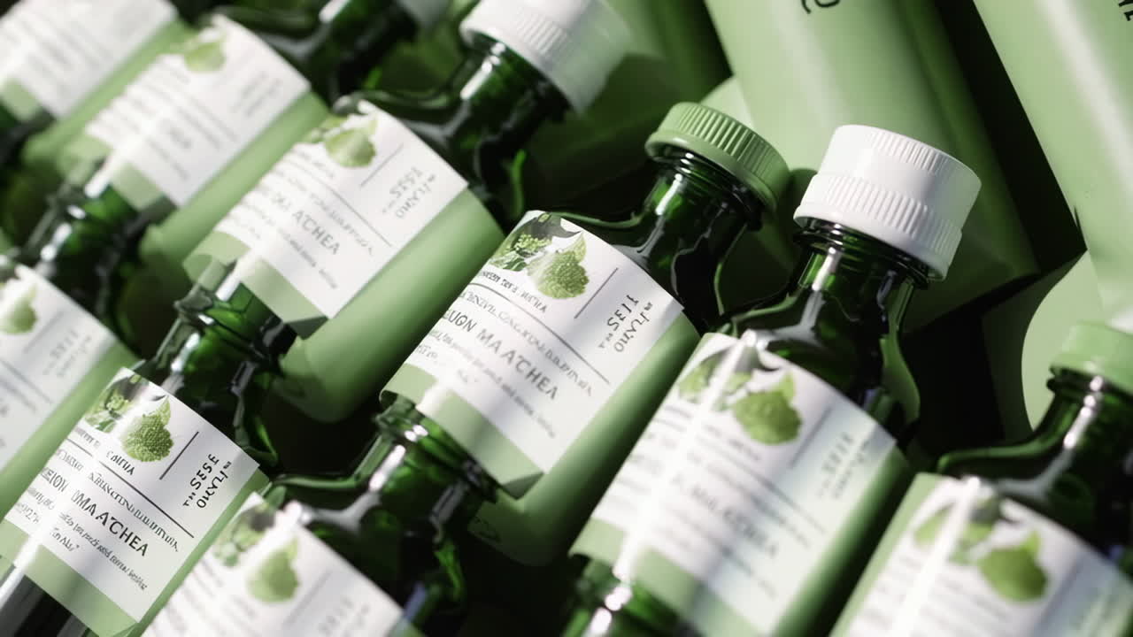 Close-up of Green Glass Bottles with Botanical Labels