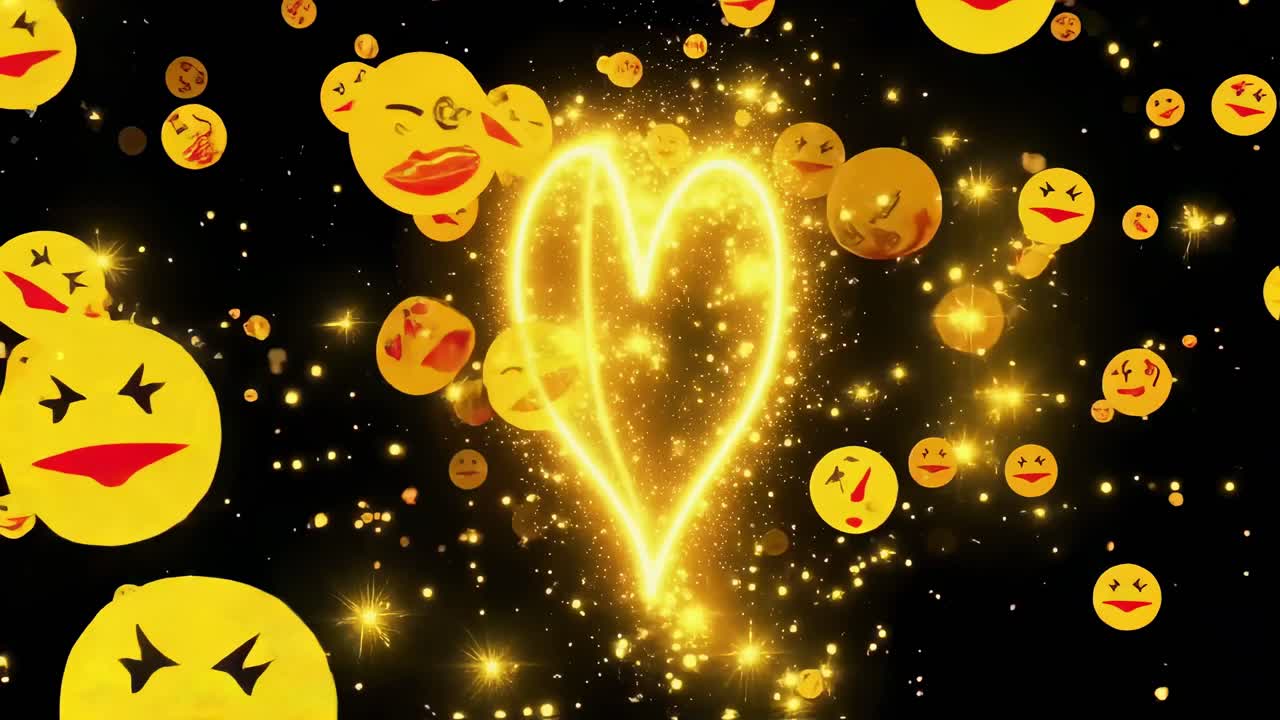 Golden sparkling heart shape surrounded by floating emojis, generating vibrant animation against dark background with dynamic playful movement representing joy and digital communication