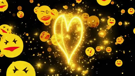 golden sparkling heart shape surrounded by floating emojis, generating vibrant animation against dark background with dynamic playful movement representing joy and digital communication