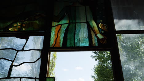 broken colorful stained glass in pripyat, tilting down view