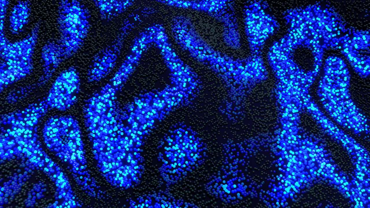 4k abstract looped background with blue particles glow and form beautiful pattern. Spheres in space form surface, waves of color and light runs along balls. Balls sway on the waves. Motion design