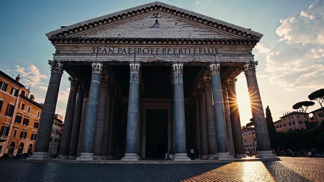 Dramatic low-angle video shot of the Pantheon at sunset, capturing its grandeur and historic
