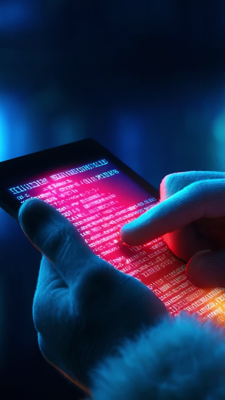 A close-up view of a hand interacting with a glowing tablet screen displaying dynamic code, highlighting themes of technology, coding, and digital interaction in a captivating visual atmosphere