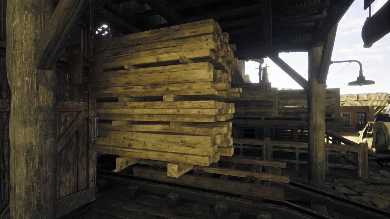 Wooden planks stacked inside a rustic warehouse in broad daylight